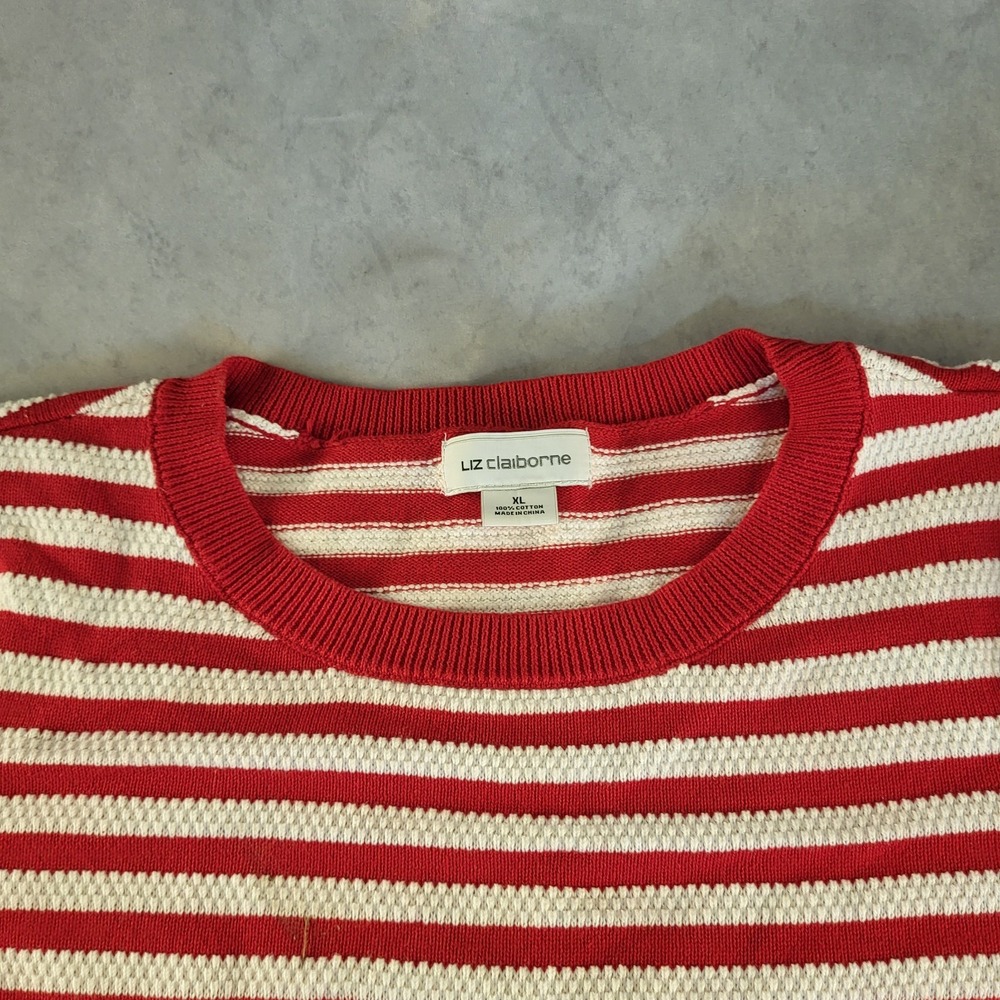 Liz Claiborne Women's XL Striped Crew Neck Sweater Red White Cotton